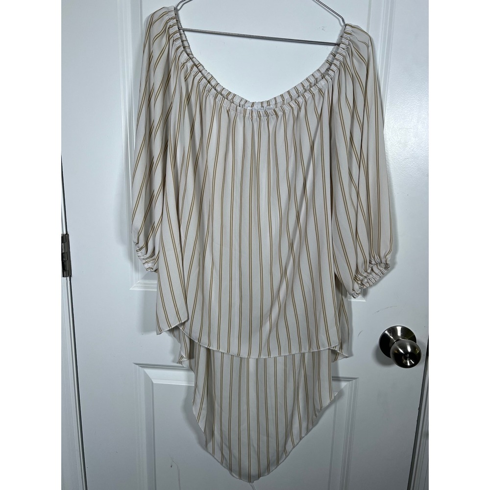 New York & Company Womens Off Shoulder Stripe Sharkbite Hem Blouse White Large